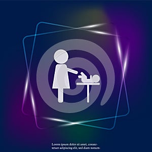 Mother and baby vector neon ligh icon. Baby care room symbol. Mo