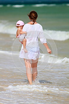 Mother and baby walking along beach