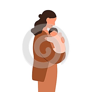 Mother and baby. Young woman mom holding newborn child in arms. Female carrying, hugging infant kid in hands. Childbirth