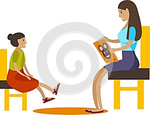 Mother or babysitter reading for little girl vector icon isolated on white