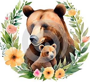 Mother bear and her cubs, Decorative clip art. AI-Generated.