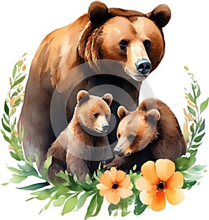 Mother bear and her cubs, Decorative clip art. AI-Generated.