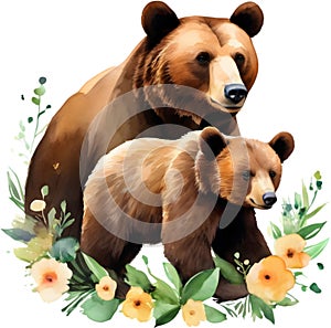 Mother bear and her cubs, Decorative clip art. AI-Generated.