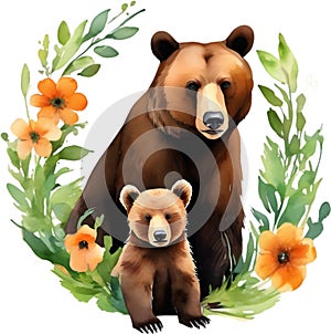 Mother bear and her cubs, Decorative clip art. AI-Generated.