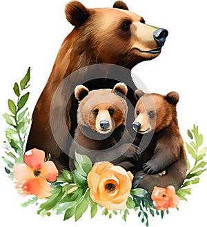 Mother bear and her cubs, Decorative clip art. AI-Generated.
