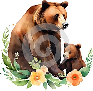 Mother bear and her cubs, Decorative clip art. AI-Generated.