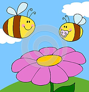 Mother bee flying with baby bee over flower