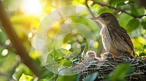 Mother Bird With Chicks In Nest. Care And Nurture In Nature. Mother's Day, And Spring. AI Generated photo