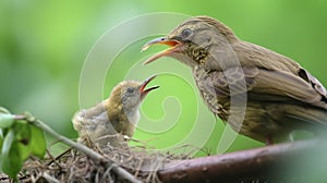 Mother bird feeding baby bird