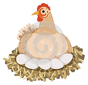Mother bird hatching eggs in nest. Chicken cartoon icon