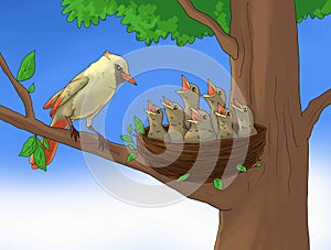 Mother bird look angry to baby birds on the nest illustration
