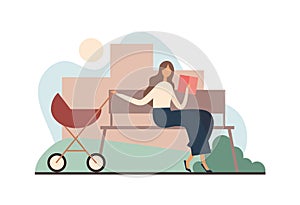 Mother with book rocking stroller. Flat vector illustration