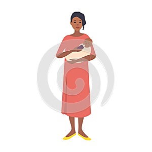 Mother bottle feeding baby. Young woman wearing long pink dress holding infant or newborn child. Cute flat female