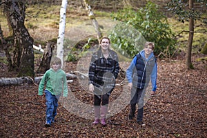 Mother and Boy Sons Children Walking in Forest