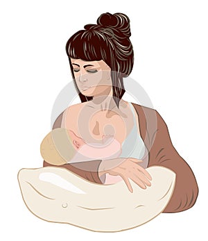 Mother breastfeeding her newborn baby child holding little girl in caring hands using nursing pillow.
