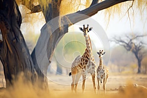 mother and calf giraffe with acacia trees backdrop