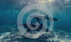 A mother and calf humpback whale swimming together in tropical waters