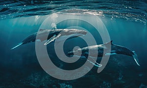 A mother and calf humpback whale swimming together in tropical waters