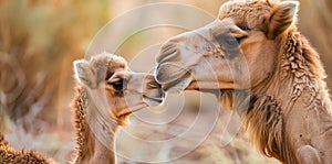 Mother Camel Nuzzling Her Young Calf