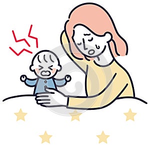 Mother caring for a fidgety baby illustration