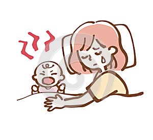Mother caring for a fidgety baby. simple illustration