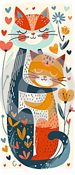 Mother cat hugging her kitten. Flat illustration vertical web banner for Mothers Day on May 12