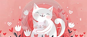 Mother cat hugging her kitten. Flat illustration web banner for Mothers Day on May 12. Pink and white