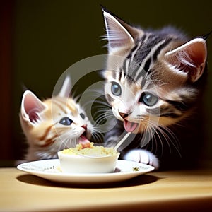 Mother cat and kittens eating on a table with black background, generated illustration with ai