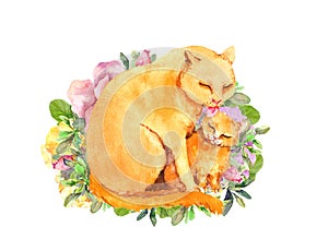 Mother cat licking her child kitten. Mother`s day card for mom with cute animals together in flowers. Watercolor