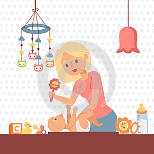 Mother changing baby diaper, vector illustration. Young woman playing with her newborn child in nursery. Happy smiling