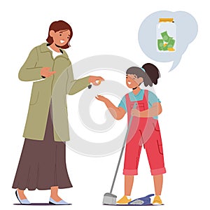 Mother Character Guides Her Daughter, Showing Her How To Insert Coins Into A Moneybox, Vector Illustration