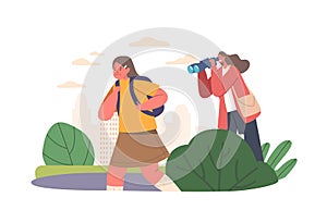 Mother Character Spying For Daughter Through Binoculars While She Walking To School. Parental Supervision, Illustration