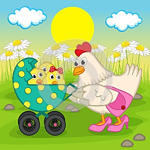 Mother chicken with chickens in stroller