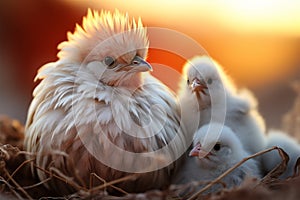 Mother chicken, with light red feathers, lovingly nurtures fluffy chicks photo