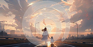 Mother and child angels walking away from a car accident towards the light from heaven - Generative AI