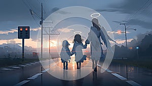 Mother and child angels walking away from a car accident towards the light from heaven - Generative AI