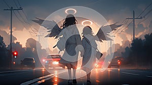 Mother and child angels walking away from a car accident towards the light from heaven - Generative AI