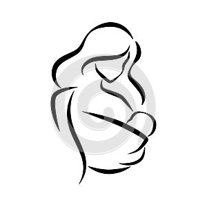 Mother with child in baby sling vector symbol in simple lines, logo, icon