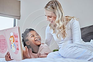 Mother, child and bonding with books to read, learn and development with language and fiction. Woman, girl and book for