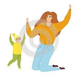 Mother child casual outfits dancing joyfully together. Young woman toddler having fun