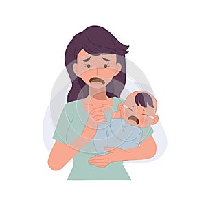 mother and child concept. mother worried about her baby. Baby is not stop crying. vector illustration