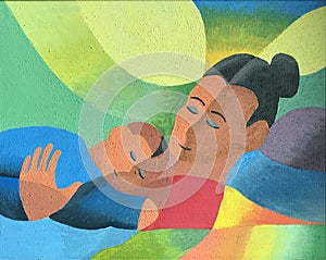 Mother and child, cubist art painting