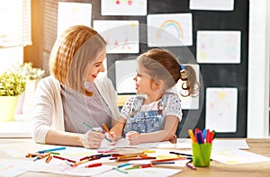 Mother and child daughter draws in creativity in kindergarten