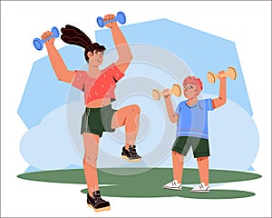 Mother and child doing sport exercises together, flat vector illustration isolated.
