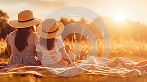 Mother and child enjoying a picnic in the park on sunny day with copy space for text. Happy mothers Day