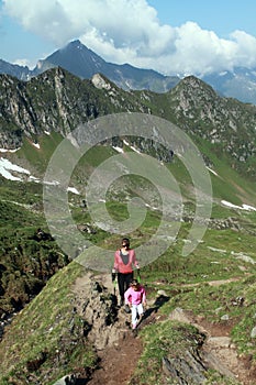 Mother and child family hiking