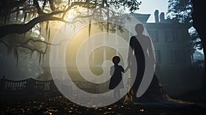 Mother and child figures walking in front of an eerie haunting Southern Plantation antebellum mansion on