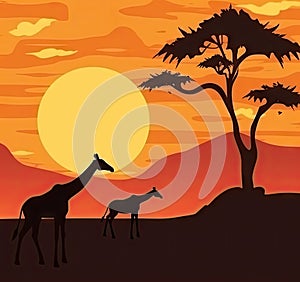 Mother and child giraffe silhouettes on savannah sunset background. African safari scene with animals, trees, mountains