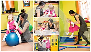 Mother and child girl playing in kindergarten in Montessori preschool