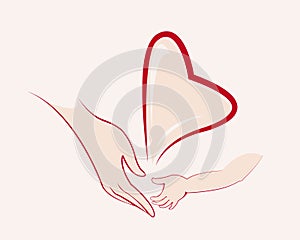 Mother and child hands. Love symbol heart outline .